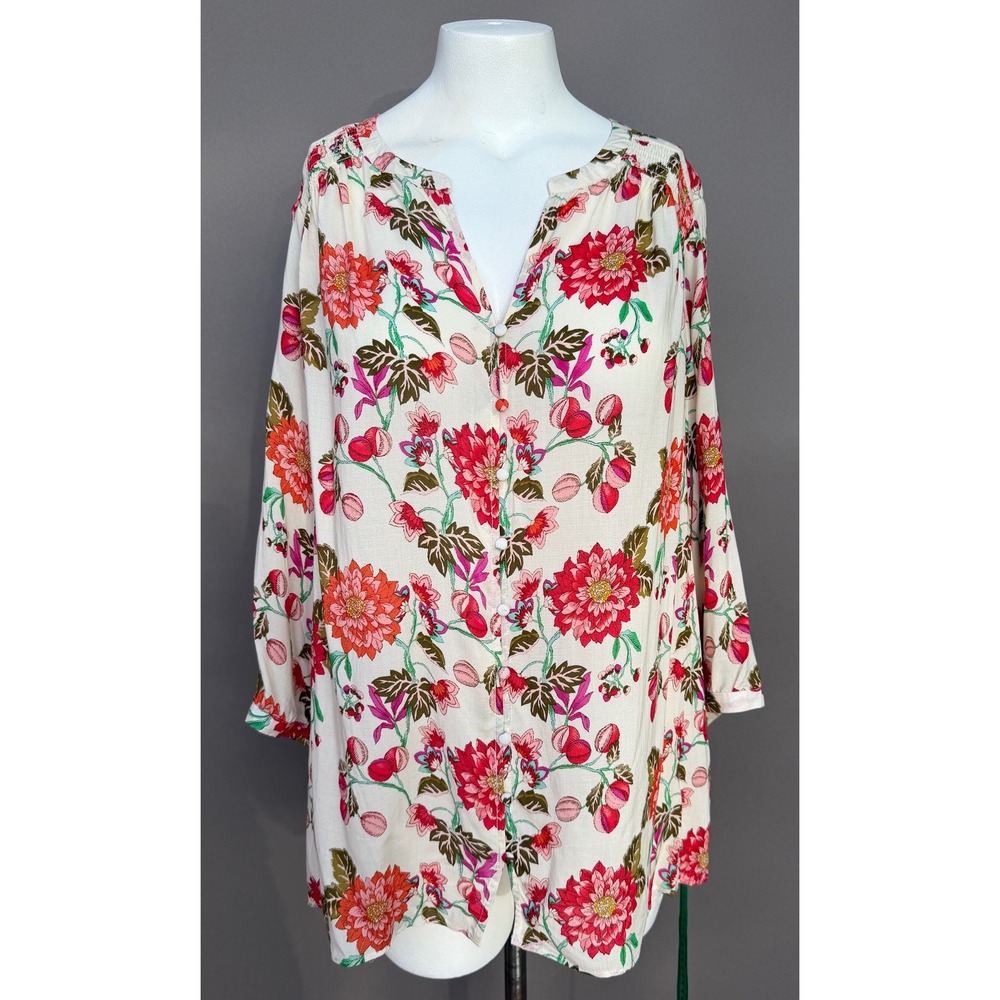 Rose + Olive Floral Tunic Top 1X Cream Red Boho Smocked Button Down Rayon Blouse